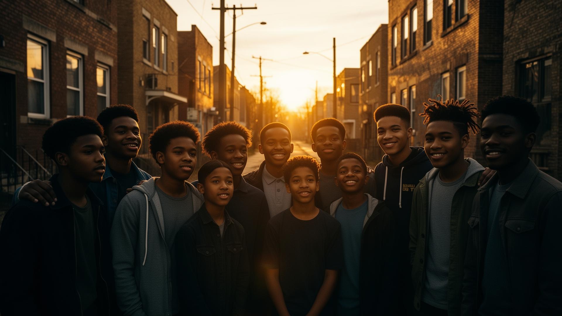 Young men standing together as a brotherhood in Milwaukee at golden hour